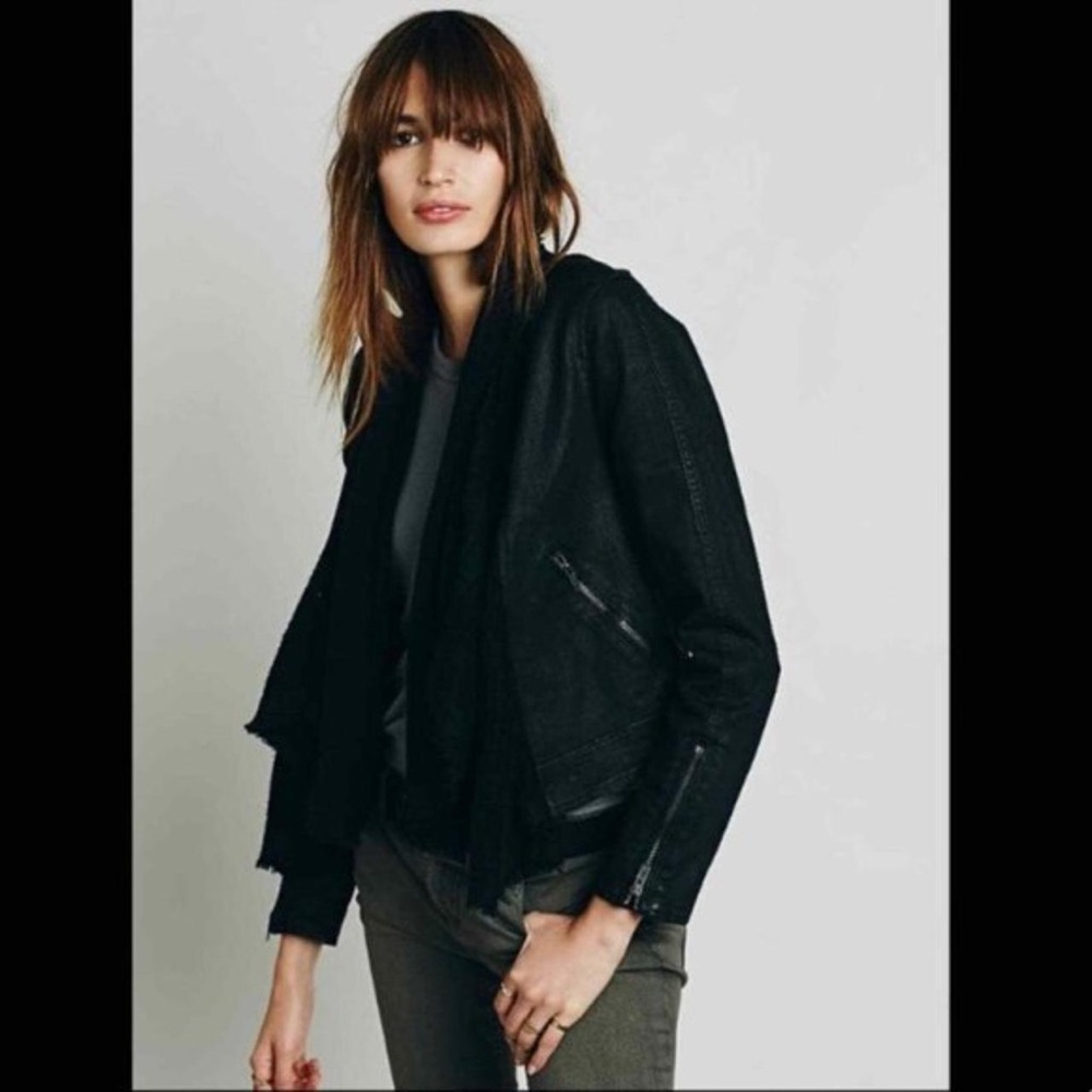 🖤 Free People Coated Denim Waterfall Moto‎ Bomber Jacket – Black – Size 2